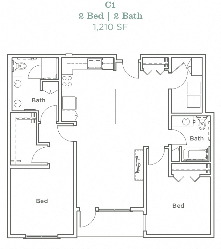 Floor plan for 2 beds, 2 baths, 1210 sqft